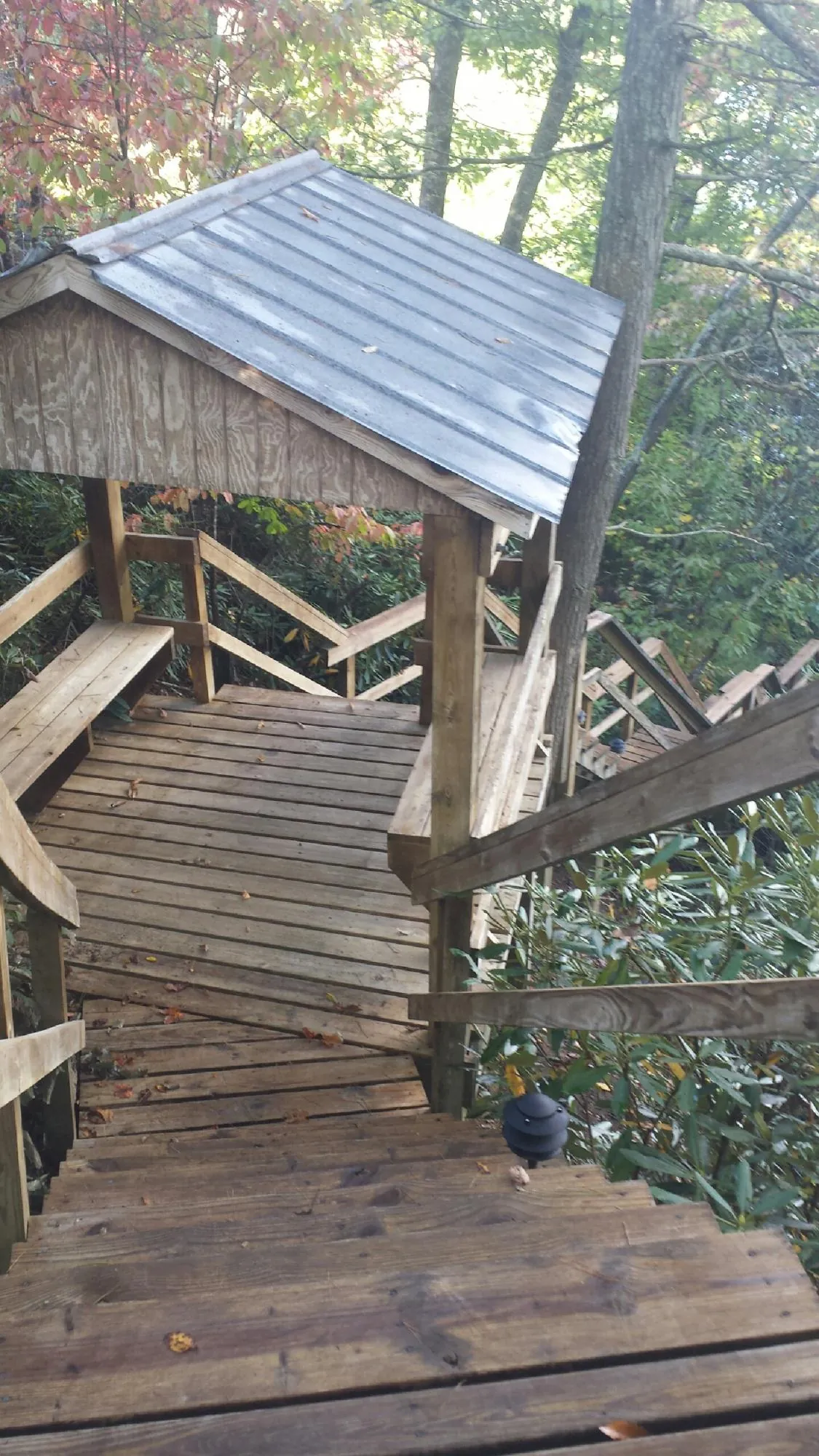 Metal roofed shelter over wooden steps on a wooded walkway — Skylight Repair & Installation work by our crew in Suisun City
